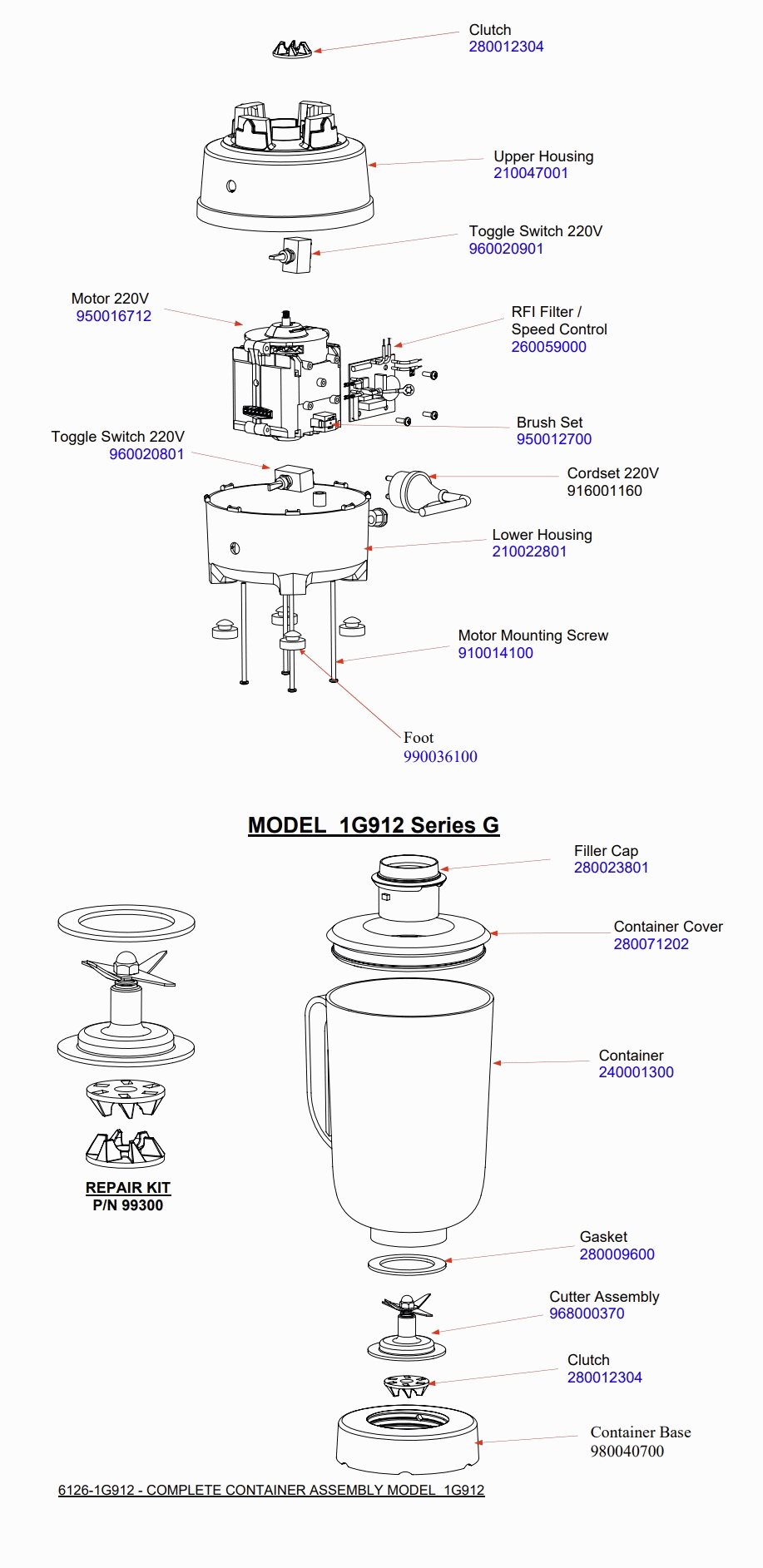 Diagram Diagram and Parts List for 1G912-G  Hamilton Beach Blender